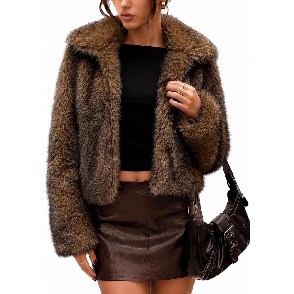 image:imageLOMON Faux Fur Coat Women TwoTone Cropped Fluffy JacketBlack Brown