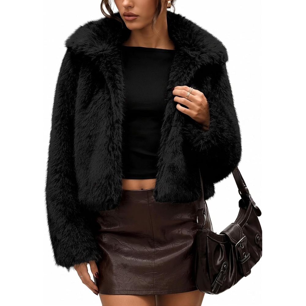 image:imageLOMON Faux Fur Coat Women TwoTone Cropped Fluffy JacketBlack