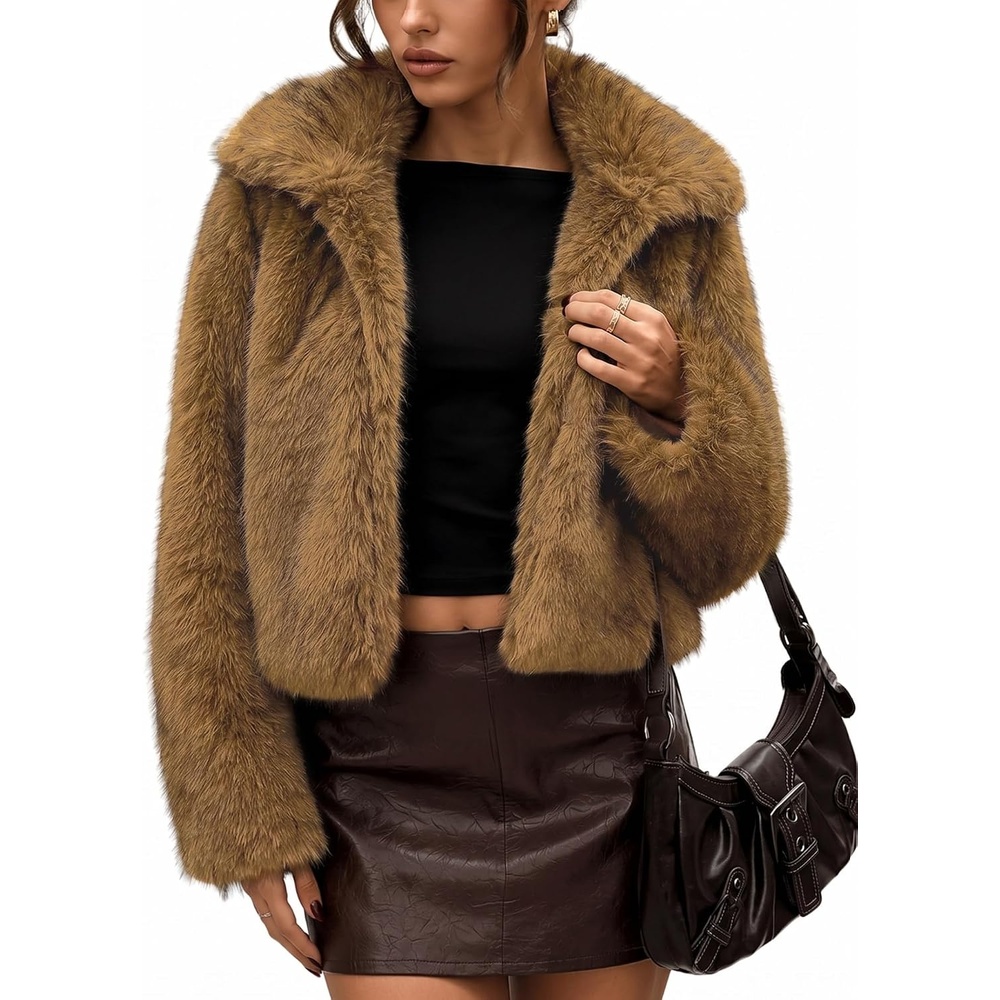image:imageLOMON Faux Fur Coat Women TwoTone Cropped Fluffy JacketKhaki White