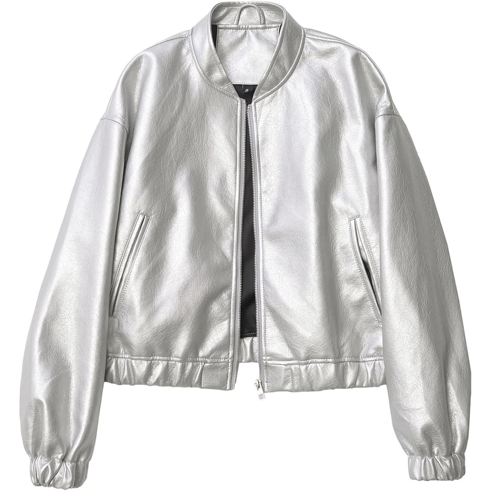 image:imageLY VAREY LIN Womens Faux Leather Jacket Long Sleeve Zip Up Casual Bomber Motorcycle Biker Coat2416silver