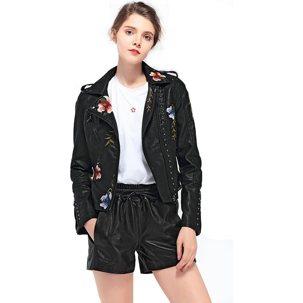 image:imageLY VAREY LIN Womens Floral Embroidered Faux Leather Moto PU Jacket CoatBlack