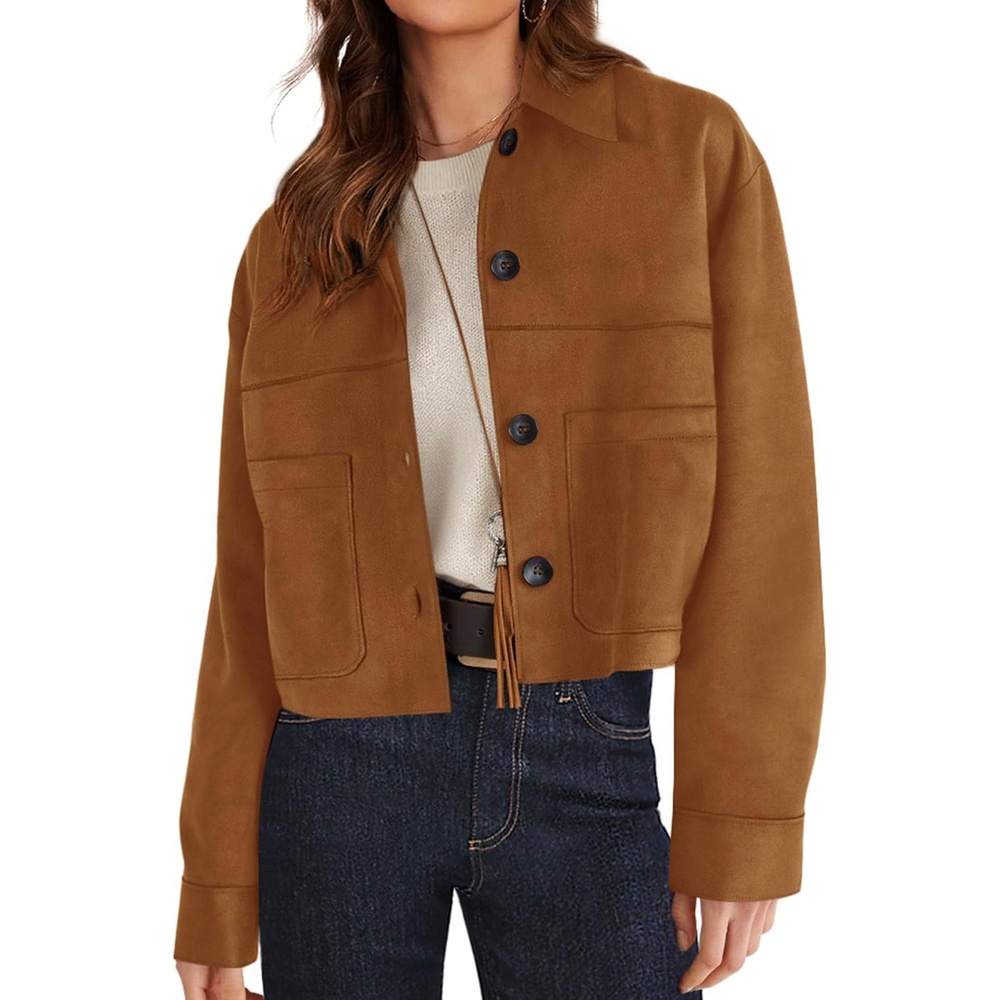 image:imagePRETTYGARDEN Womens Faux Suede Shacket Jackets Lightweight Cropped CoatsBrown
