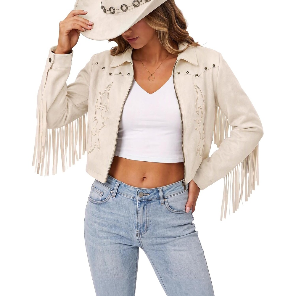 image:imageSANSTHS Faux Suede Leather Jacket Fringe Jackets Women Western Cowgirl TopBeige