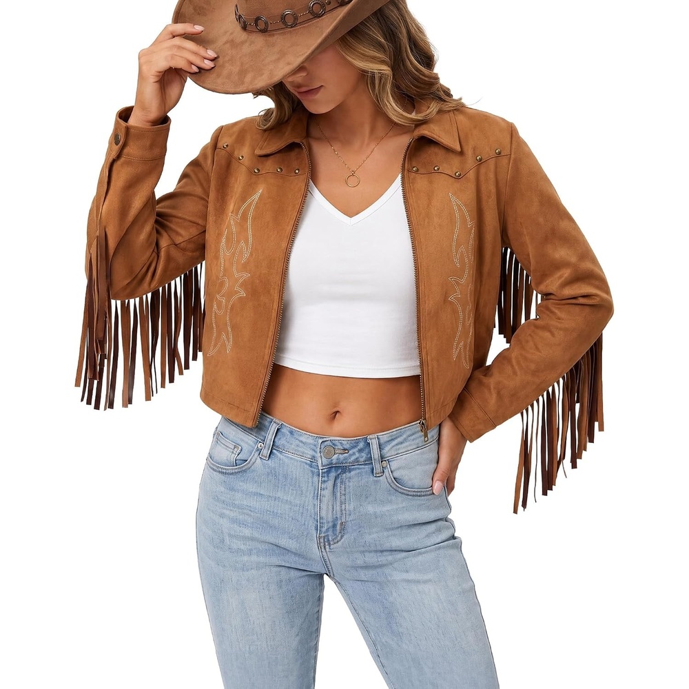image:imageSANSTHS Faux Suede Leather Jacket Fringe Jackets Women Western Cowgirl TopBrown