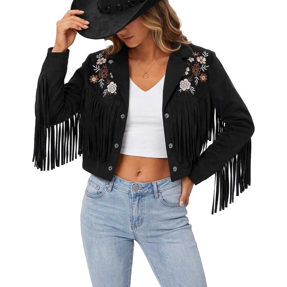 image:imageSANSTHS Faux Suede Leather Jacket Fringe Jackets Women Western Cowgirl TopDark Black