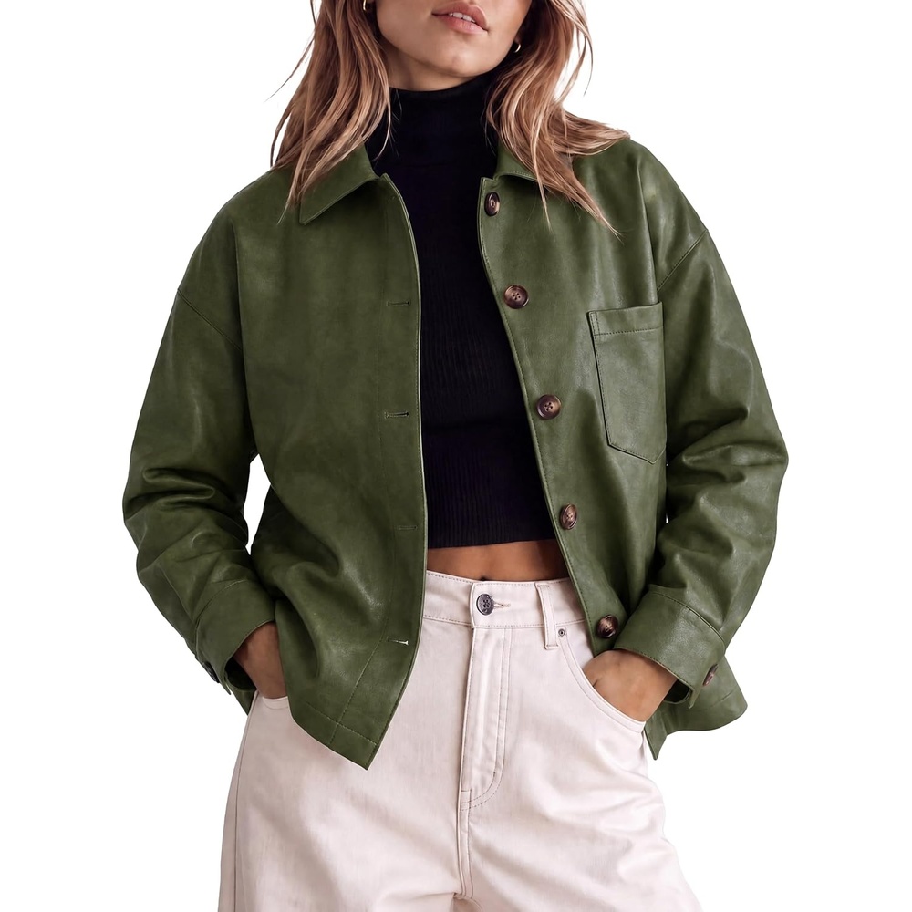 image:imageTankaneo Womens Collared Button Down Faux Leather Jackets Casual OutwearArmy Green