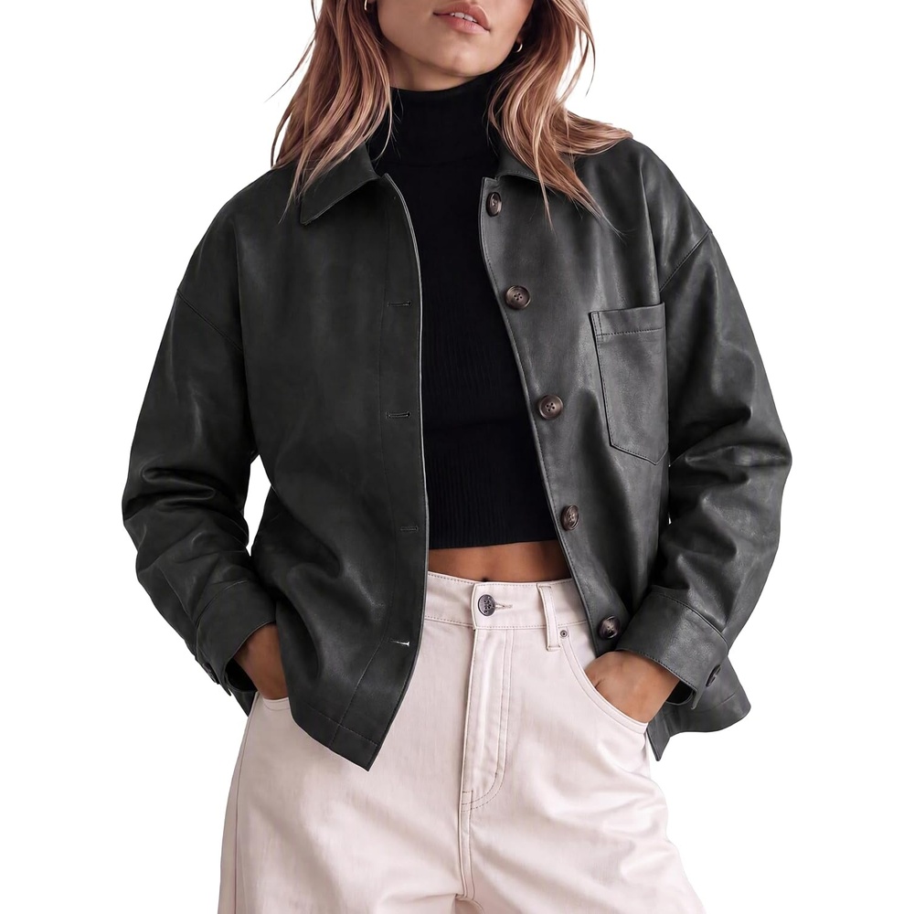 image:imageTankaneo Womens Collared Button Down Faux Leather Jackets Casual OutwearBlack
