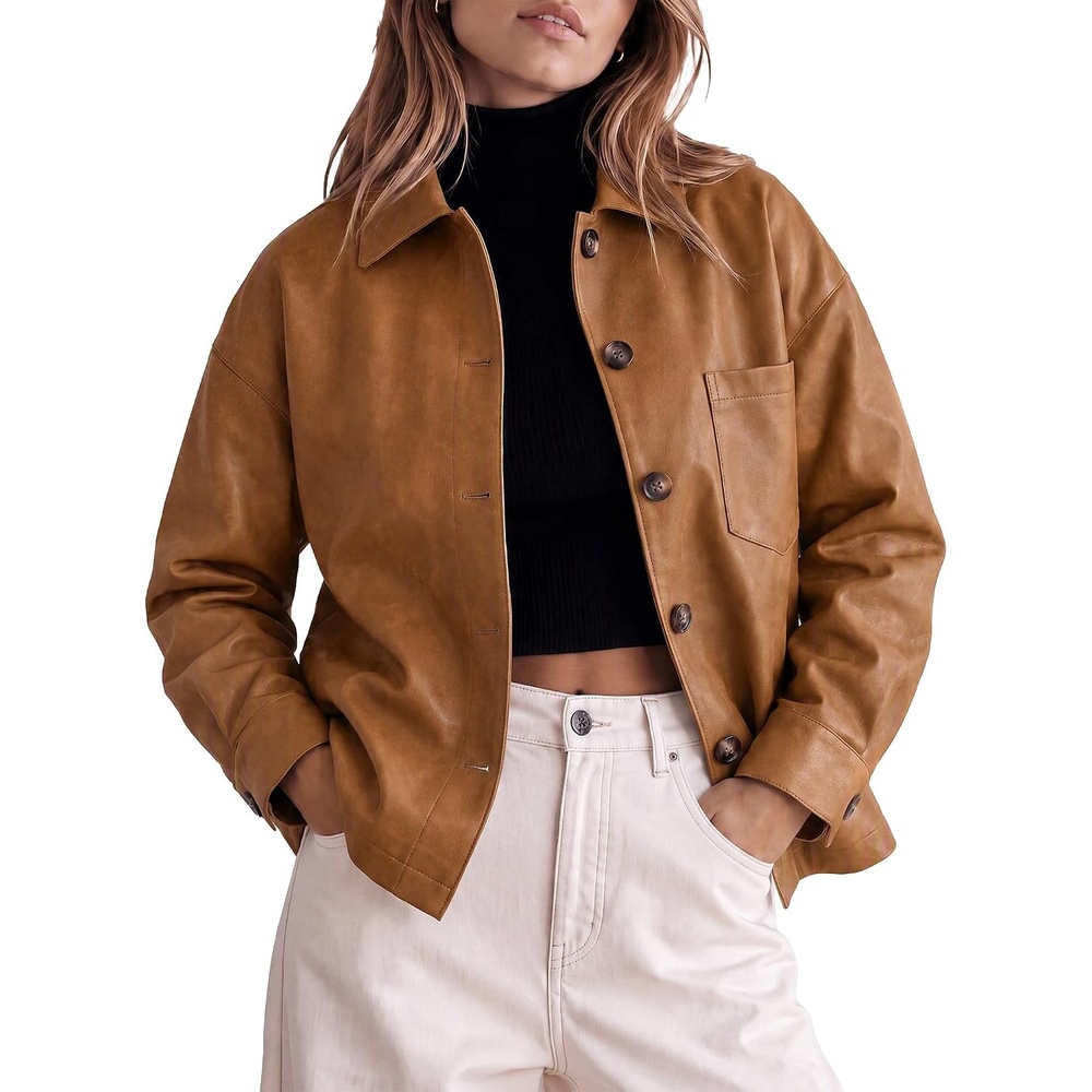 image:imageTankaneo Womens Collared Button Down Faux Leather Jackets Casual OutwearBrown