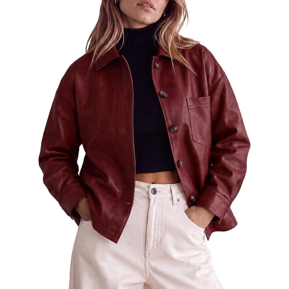 image:imageTankaneo Womens Collared Button Down Faux Leather Jackets Casual OutwearWine Red