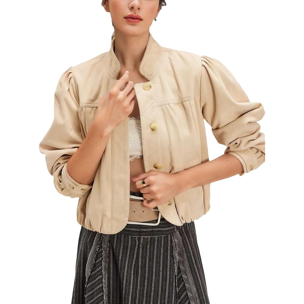 image:imageWanzetaly Womens Faux Suede Jacket Casual Cropped Leather Coat with Pocket Button Bomber JacketBeige