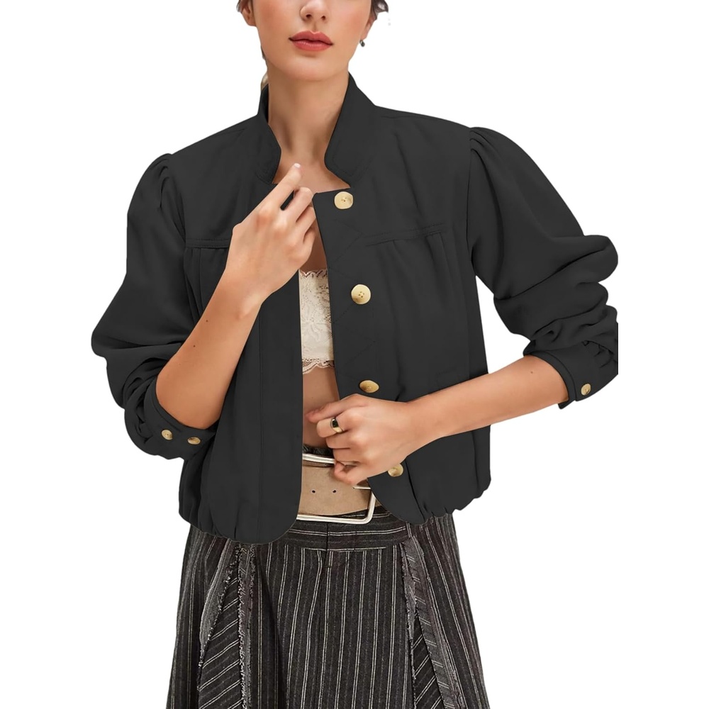 image:imageWanzetaly Womens Faux Suede Jacket Casual Cropped Leather Coat with Pocket Button Bomber JacketBlack