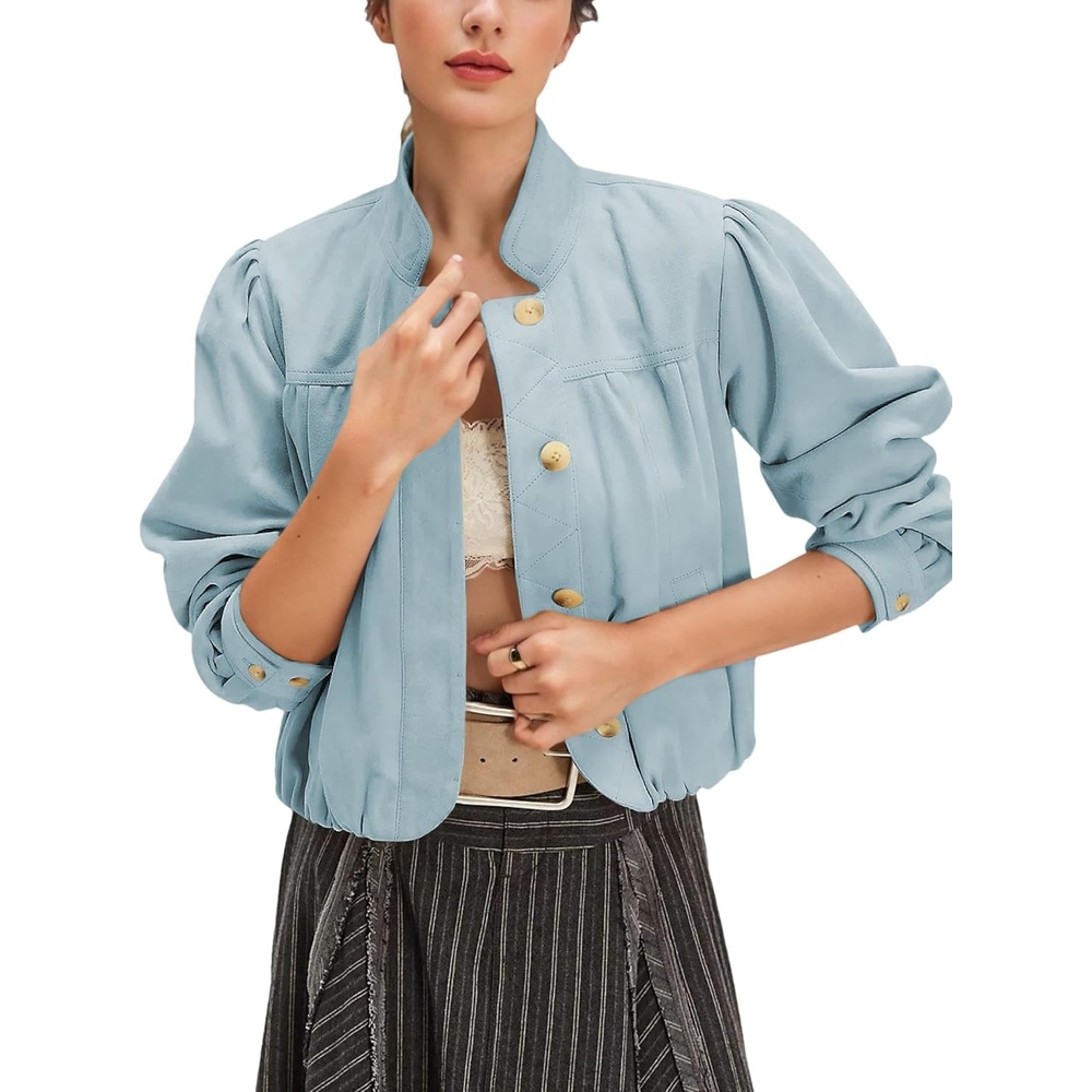 image:imageWanzetaly Womens Faux Suede Jacket Casual Cropped Leather Coat with Pocket Button Bomber JacketBlue