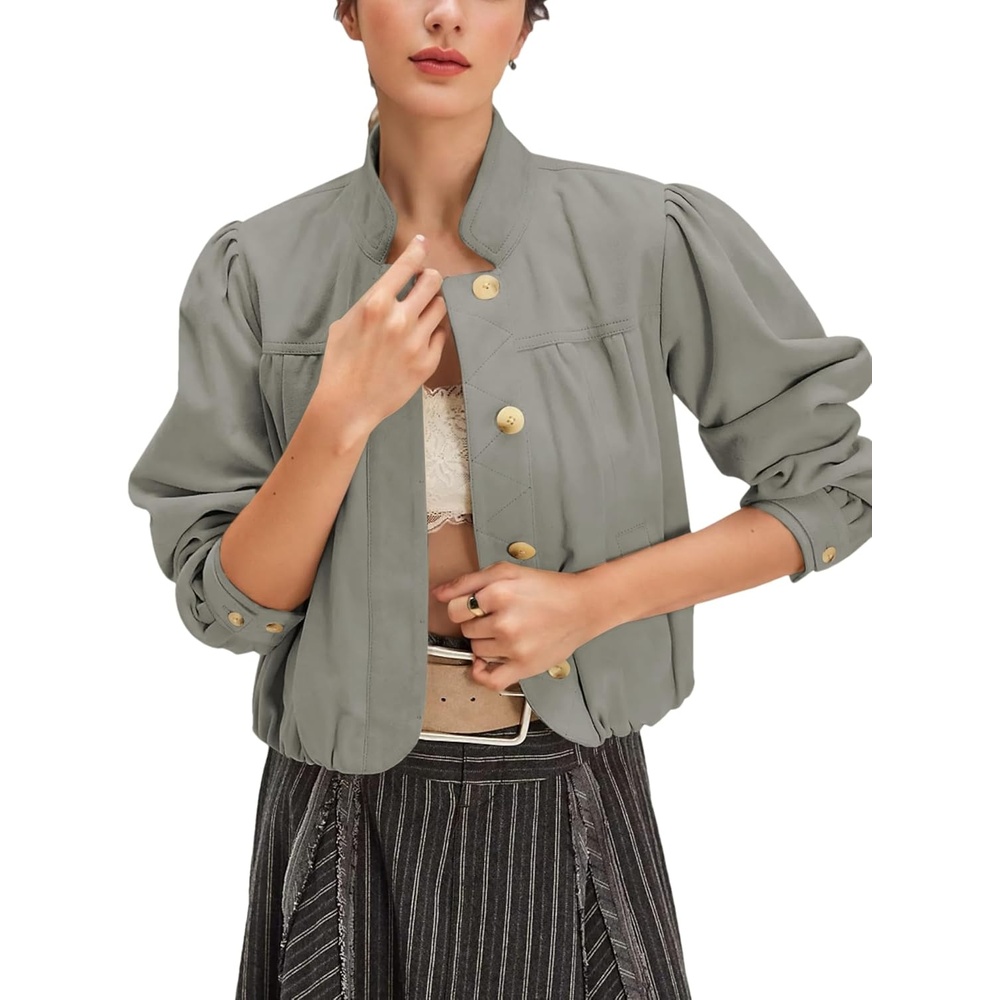 image:imageWanzetaly Womens Faux Suede Jacket Casual Cropped Leather Coat with Pocket Button Bomber JacketGrey