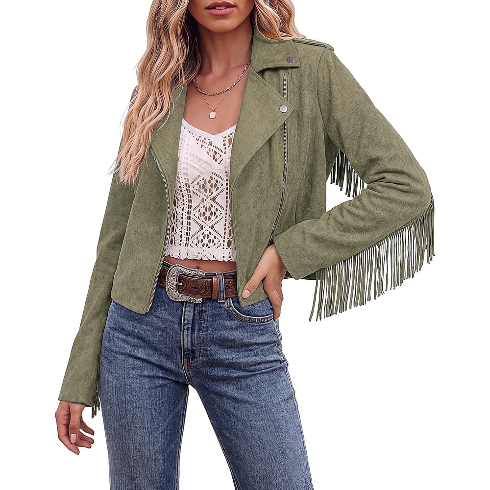image:imageluvamia Fringe Jackets For Women Trendy Cropped Faux Suede Jacket WomenArmy Green