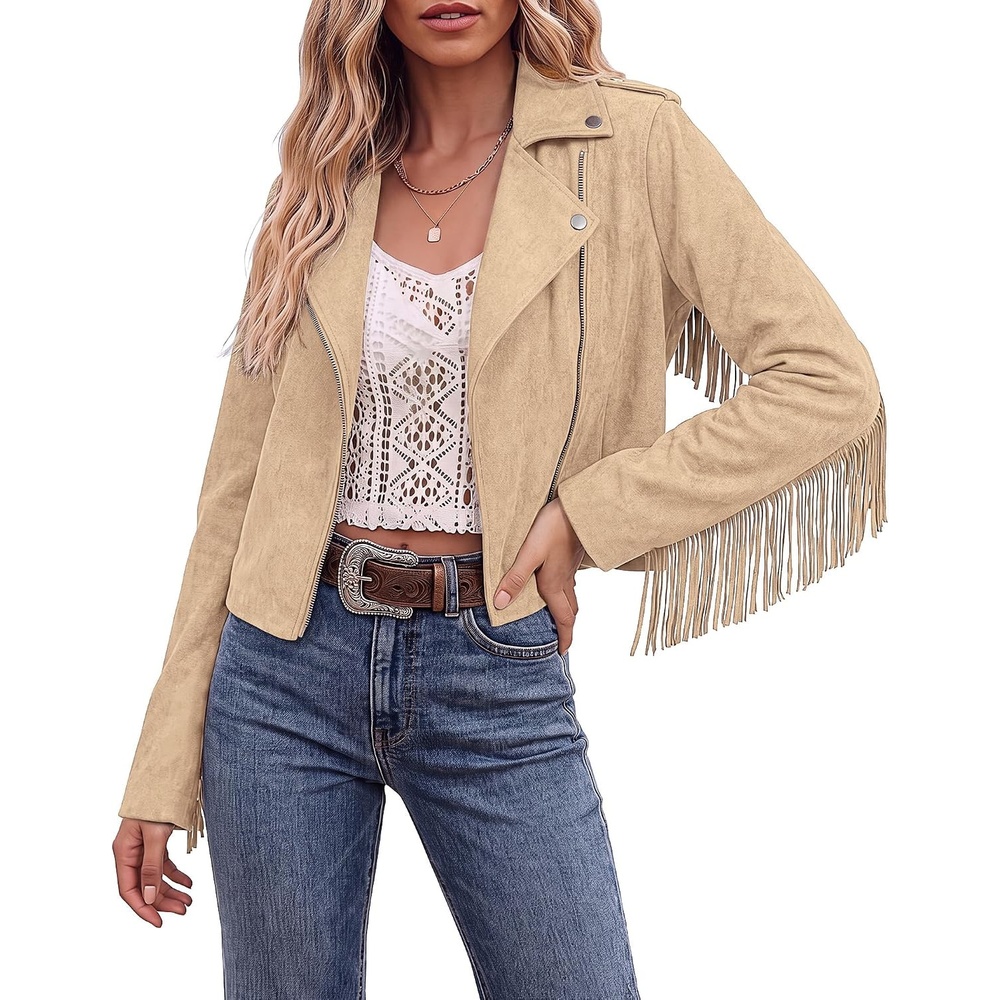 image:imageluvamia Fringe Jackets For Women Trendy Cropped Faux Suede Jacket WomenBeige
