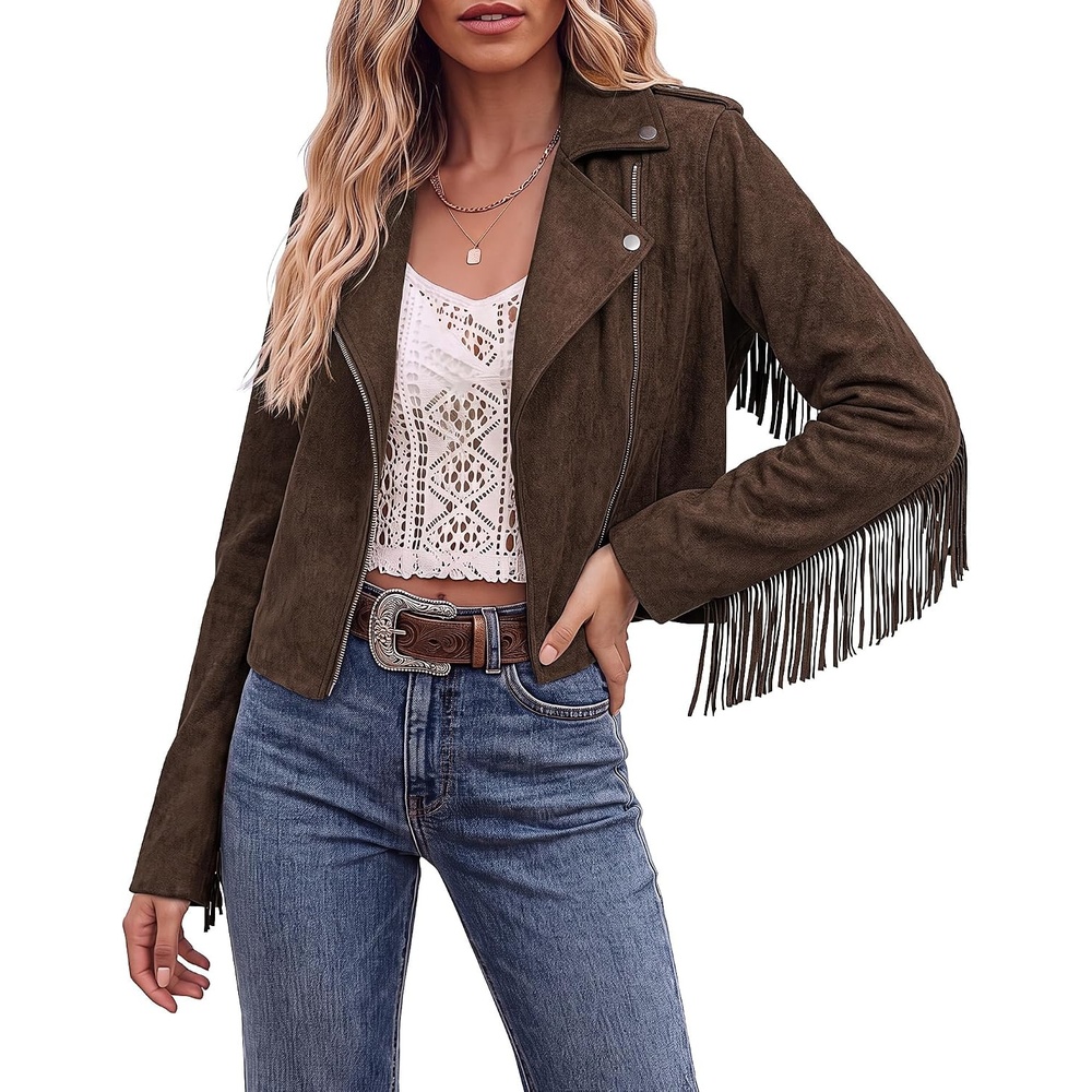 image:imageluvamia Fringe Jackets For Women Trendy Cropped Faux Suede Jacket WomenDark Brown