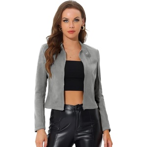 Allegra K Women’s Faux Suede Jacket Zip Up Crop Biker Moto Coat Outerwear(Gray)