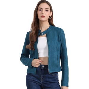 Allegra K Women’s Faux Suede Jacket Zip Up Crop Biker Moto Coat Outerwear(Peacock Blue)