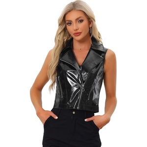 Allegra K Women’s Metallic Vest Faux Leather Zip Cropped Holographic Jacket(Black)