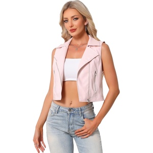 Allegra K Women’s Metallic Vest Faux Leather Zip Cropped Holographic Jacket(Pink)