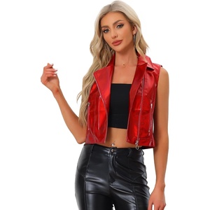 Allegra K Women’s Metallic Vest Faux Leather Zip Cropped Holographic Jacket(Red)