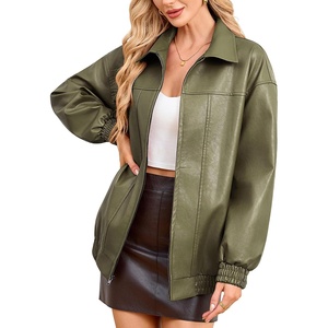 KOMANA Women’s Zip Ribbed Leather Jacket Faux Oversized Winter Warm Coat(Army Green)
