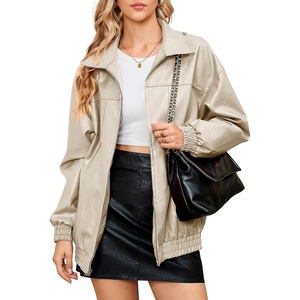 KOMANA Women’s Zip Ribbed Leather Jacket Faux Oversized Winter Warm Coat(Beige)