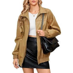 KOMANA Women’s Zip Ribbed Leather Jacket Faux Oversized Winter Warm Coat(Khaki)