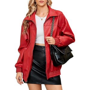 KOMANA Women’s Zip Ribbed Leather Jacket Faux Oversized Winter Warm Coat(Red)