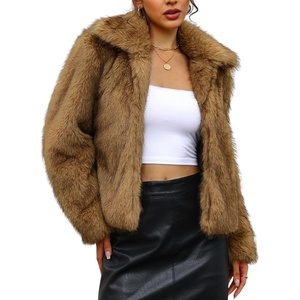 LOMON Faux Fur Coat Women Two-Tone Cropped Fluffy Jacket(Khaki & White a)