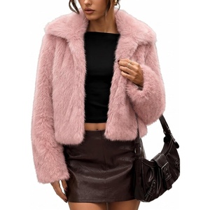 LOMON Faux Fur Coat Women Two-Tone Cropped Fluffy Jacket(Pink & White)