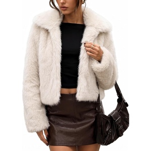 LOMON Faux Fur Coat Women Two-Tone Cropped Fluffy Jacket(White)