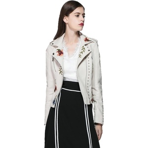 LY VAREY LIN Women’s Floral Embroidered Faux Leather Moto PU Jacket Coat(Beige)