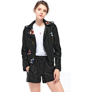 LY VAREY LIN Women’s Floral Embroidered Faux Leather Moto PU Jacket Coat(Black)