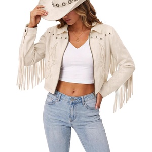 SANSTHS Faux Suede Leather Jacket Fringe Jackets Women Western Cowgirl Top(Beige)
