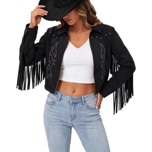 SANSTHS Faux Suede Leather Jacket Fringe Jackets Women Western Cowgirl Top(Black)