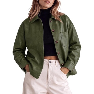 Tankaneo Womens Collared Button Down Faux Leather Jackets Casual Outwear(Army Green)