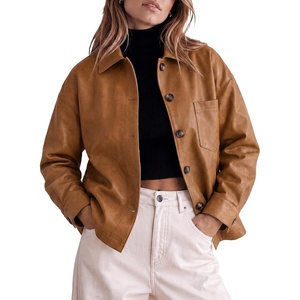 Tankaneo Womens Collared Button Down Faux Leather Jackets Casual Outwear(Brown)