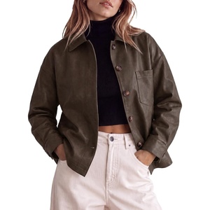 Tankaneo Womens Collared Button Down Faux Leather Jackets Casual Outwear(Dark Brown)
