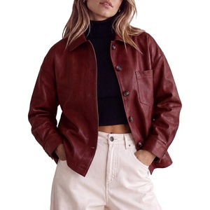 Tankaneo Womens Collared Button Down Faux Leather Jackets Casual Outwear(Wine Red)