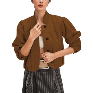 Wanzetaly Women’s Faux Suede Jacket Casual Cropped Leather Coat with Pocket Button Bomber Jacket(Brown)