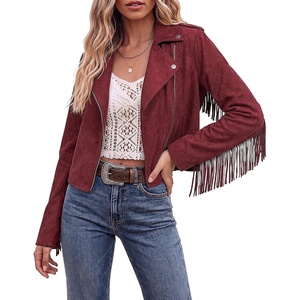 luvamia Fringe Jackets For Women Trendy Cropped Faux Suede Jacket Women(Wine Red)