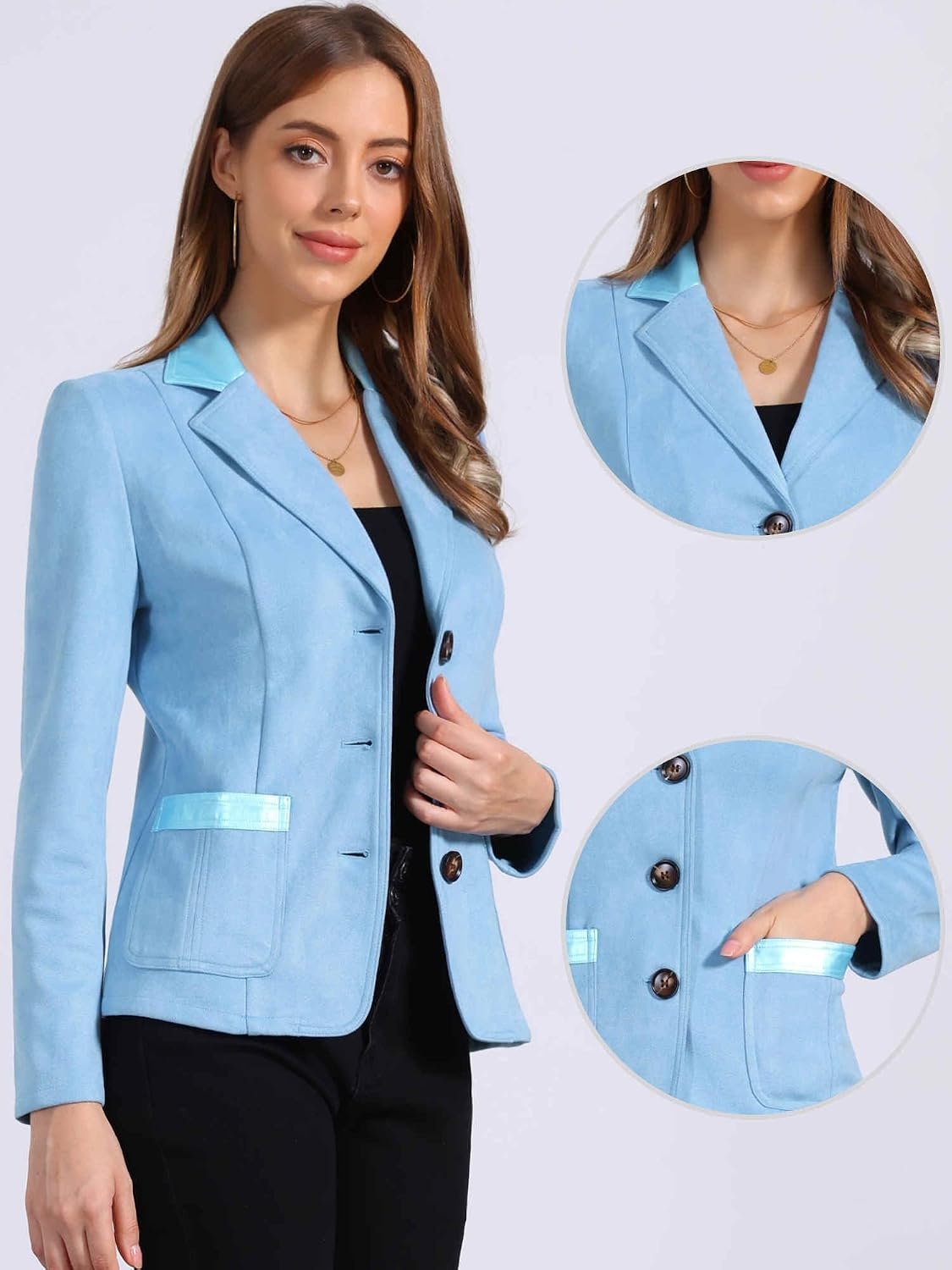 image:imageAllegra K Faux Suede Blazer for Women Lapel Collar Button Front JacketBlue