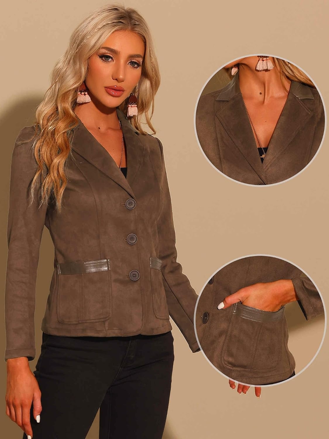 image:imageAllegra K Faux Suede Blazer for Women Lapel Collar Button Front JacketBrown