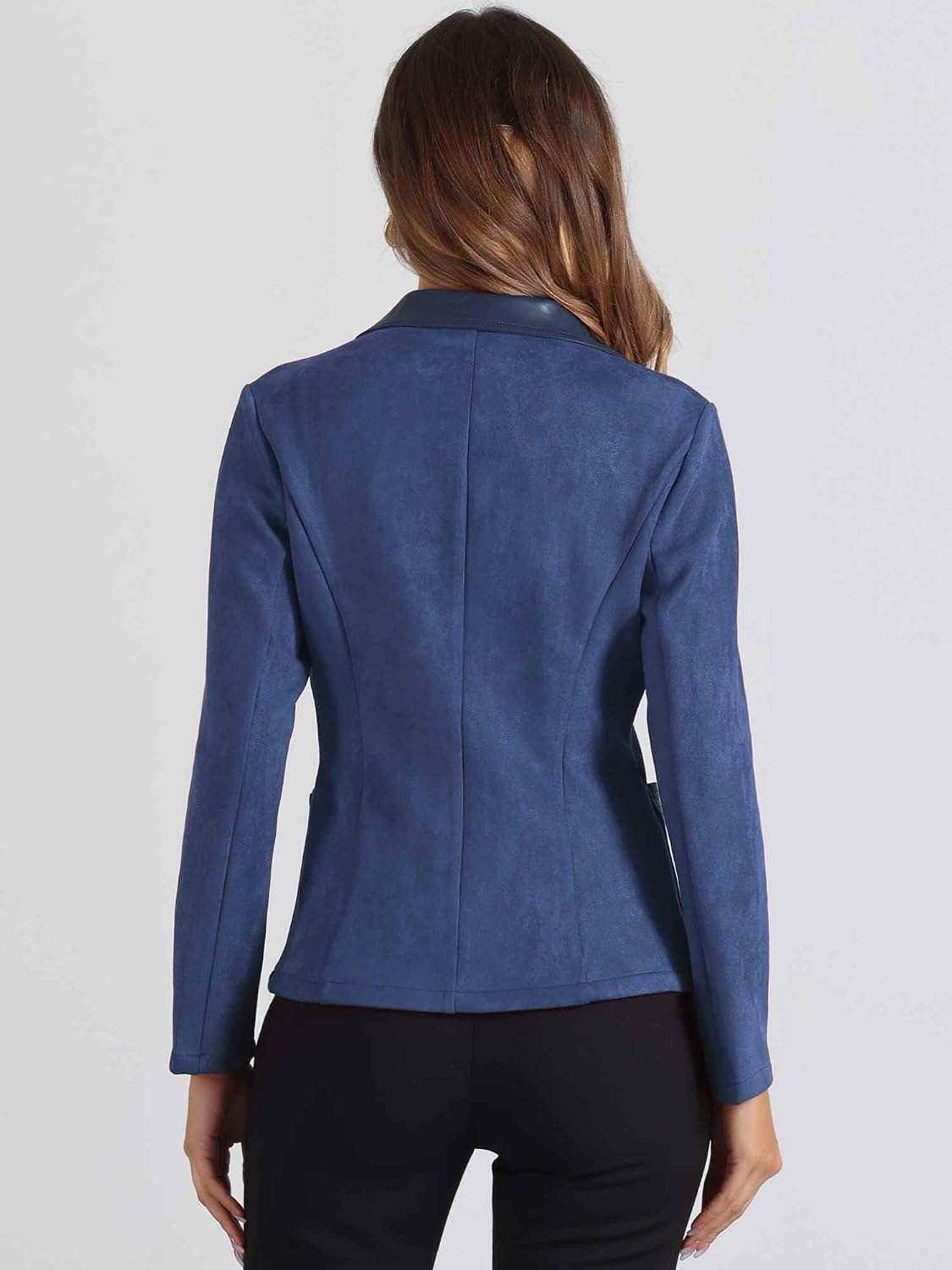 image:imageAllegra K Faux Suede Blazer for Women Lapel Collar Button Front JacketDark Blue