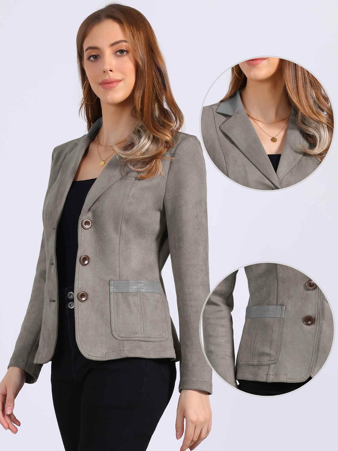 image:imageAllegra K Faux Suede Blazer for Women Lapel Collar Button Front JacketGrey