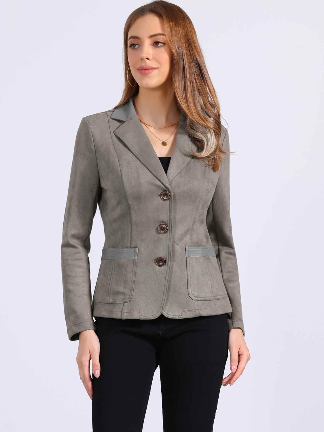 image:imageAllegra K Faux Suede Blazer for Women Lapel Collar Button Front JacketGrey