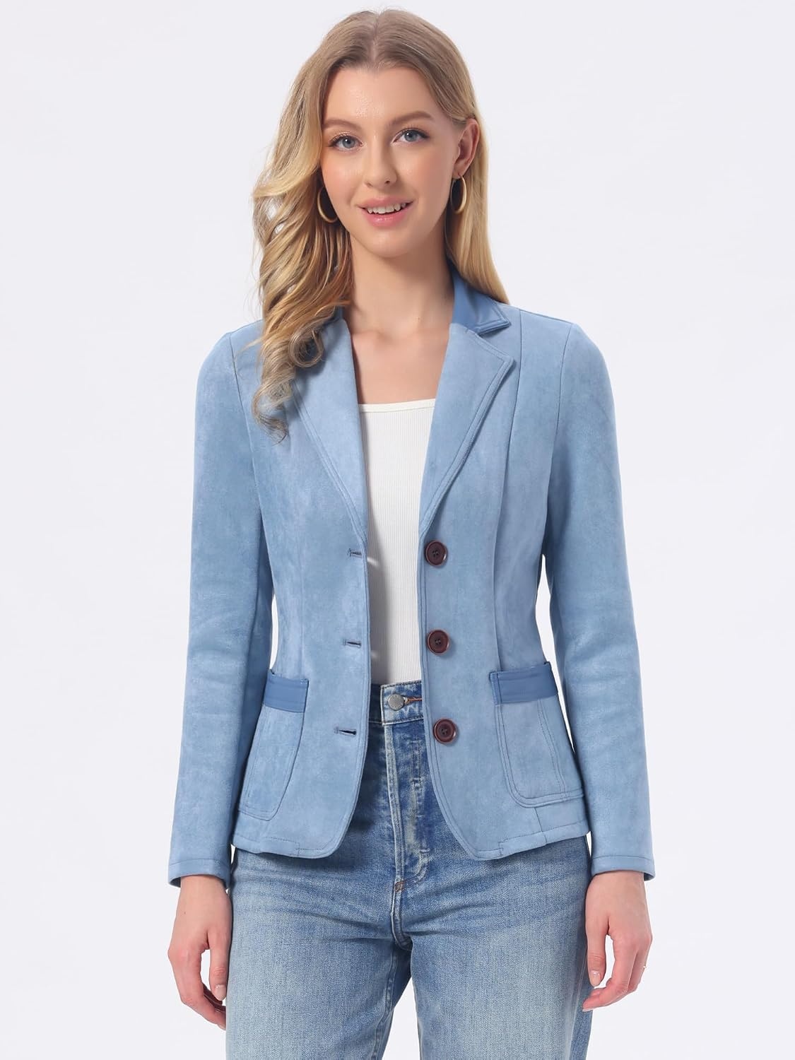 image:imageAllegra K Faux Suede Blazer for Women Lapel Collar Button Front JacketGrey Blue