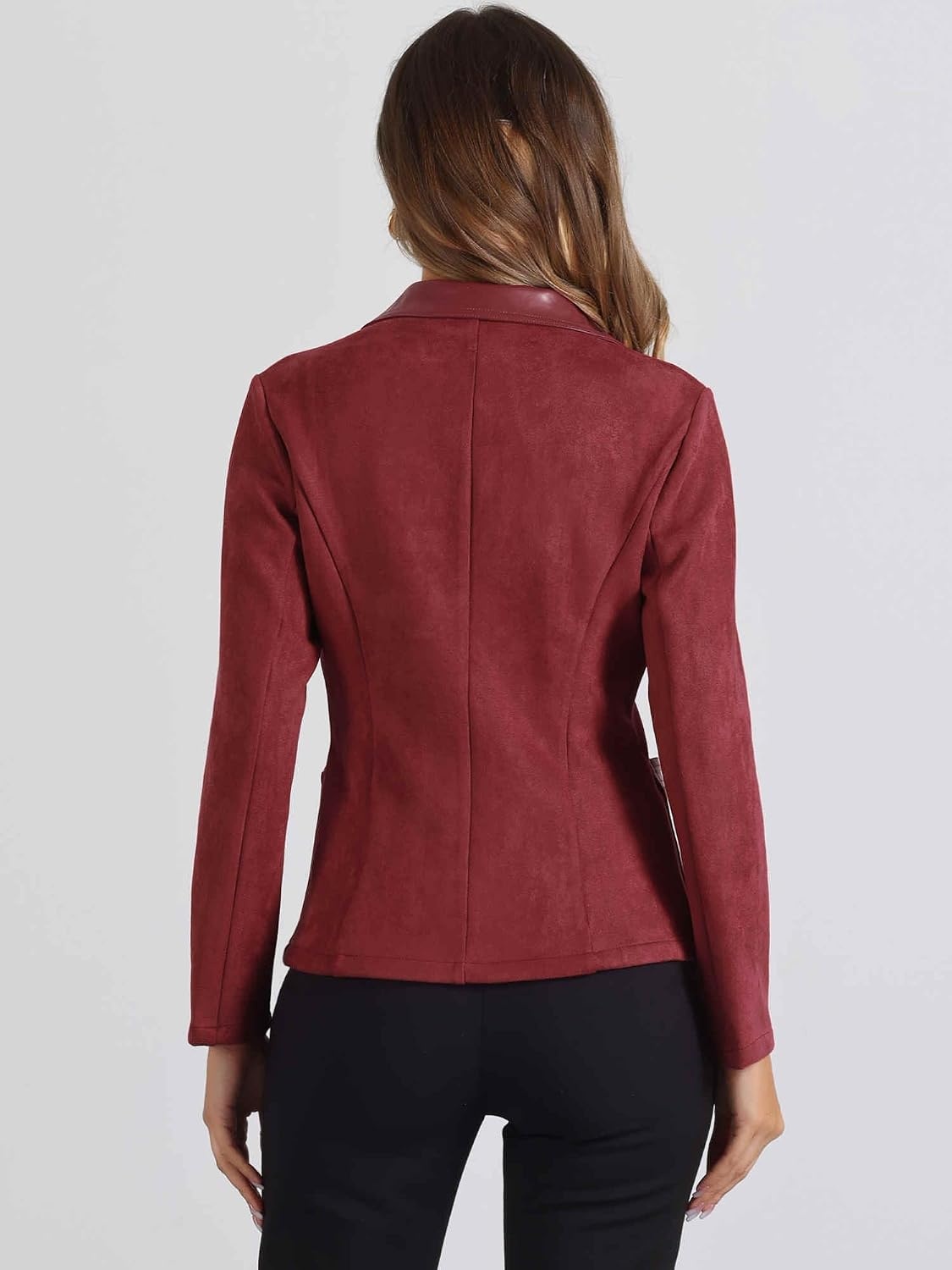 image:imageAllegra K Faux Suede Blazer for Women Lapel Collar Button Front JacketReddish Brown