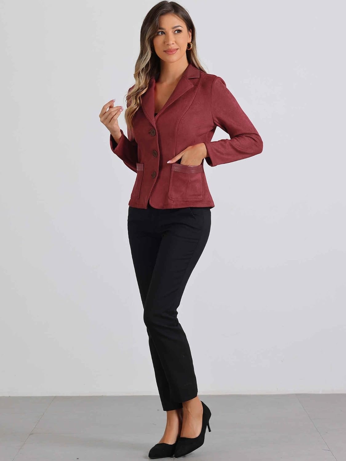 image:imageAllegra K Faux Suede Blazer for Women Lapel Collar Button Front JacketReddish Brown